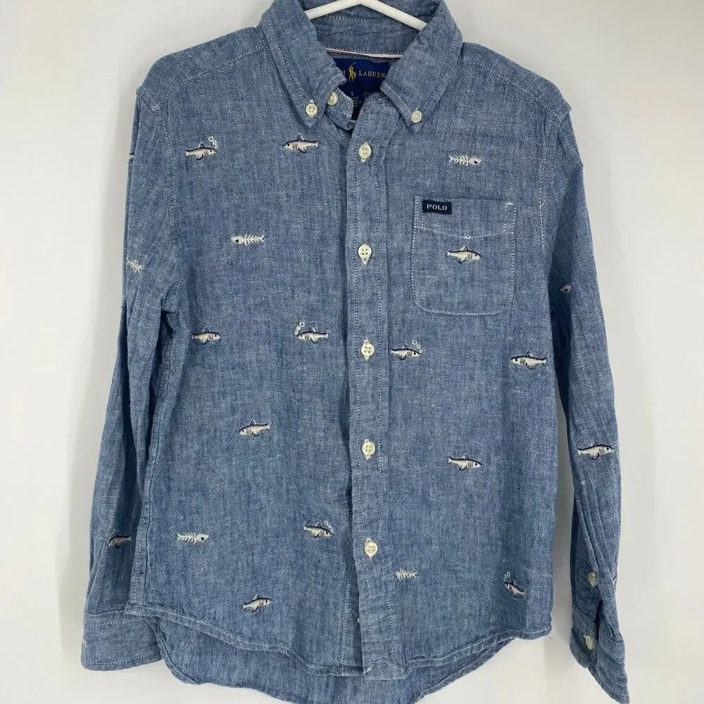 Ralph Lauren Shirt Boy 5 Blue Button Up Fish Embroidered Nautical Preppy Coastal